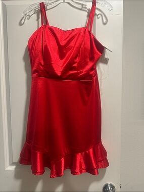 Xtraordinary Red Satin Ruffled Hem Mini Dress